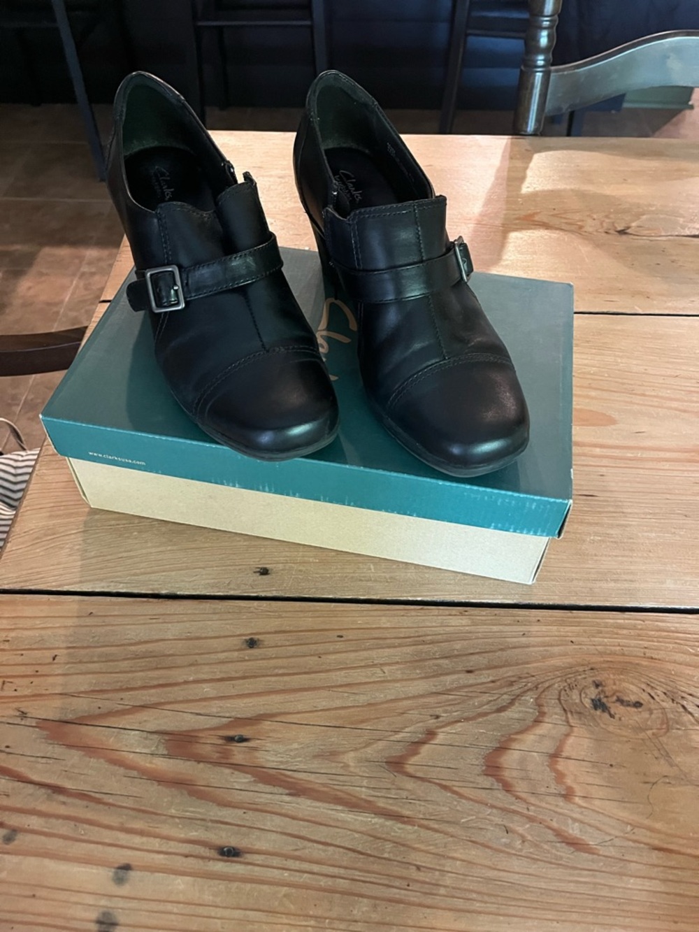 Clarks Black Leather Buckle Heeled Pumps